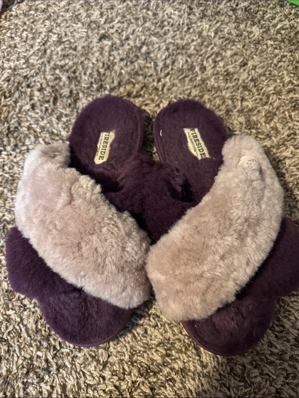 Fireside Plush Slide Slippers in Deep Plum with Cream Fur